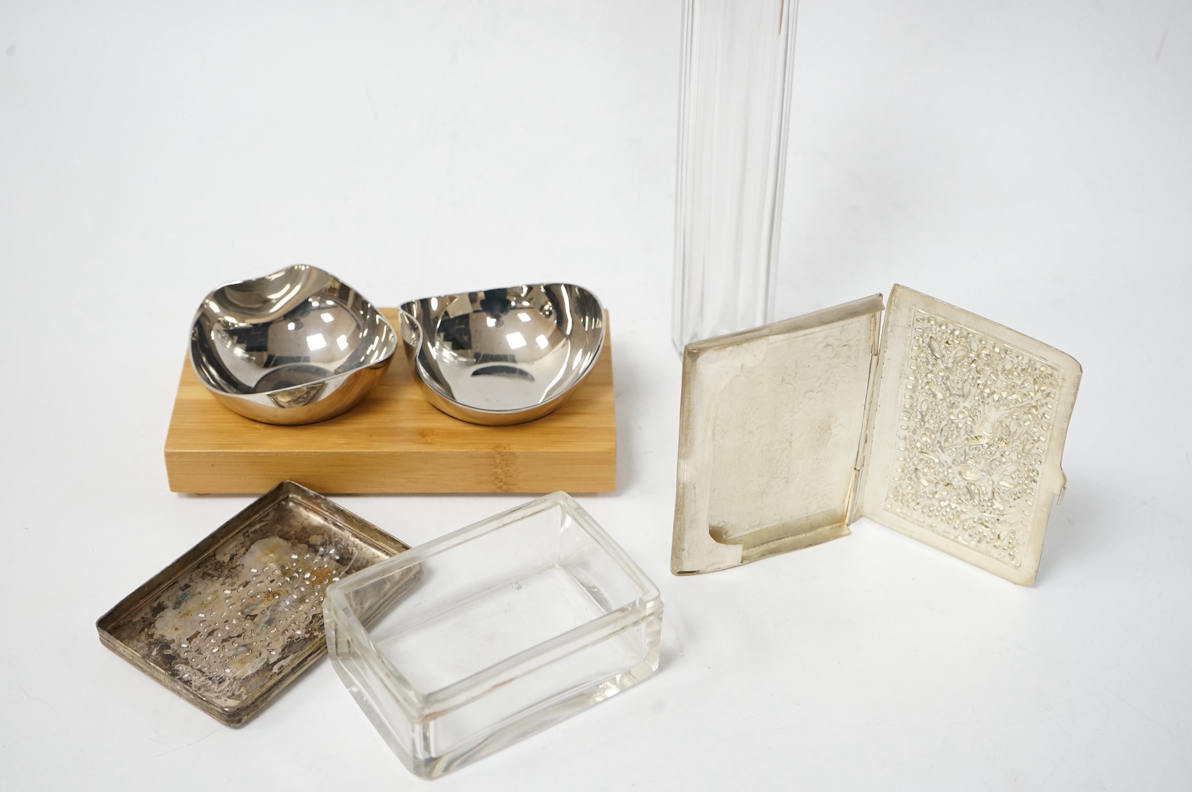 A late Victorian silver topped glass toilet jar, London, 1887, one other jar with plated lid, a plated card case and a pair of metal Robert Welch salts. Condition - fair to good